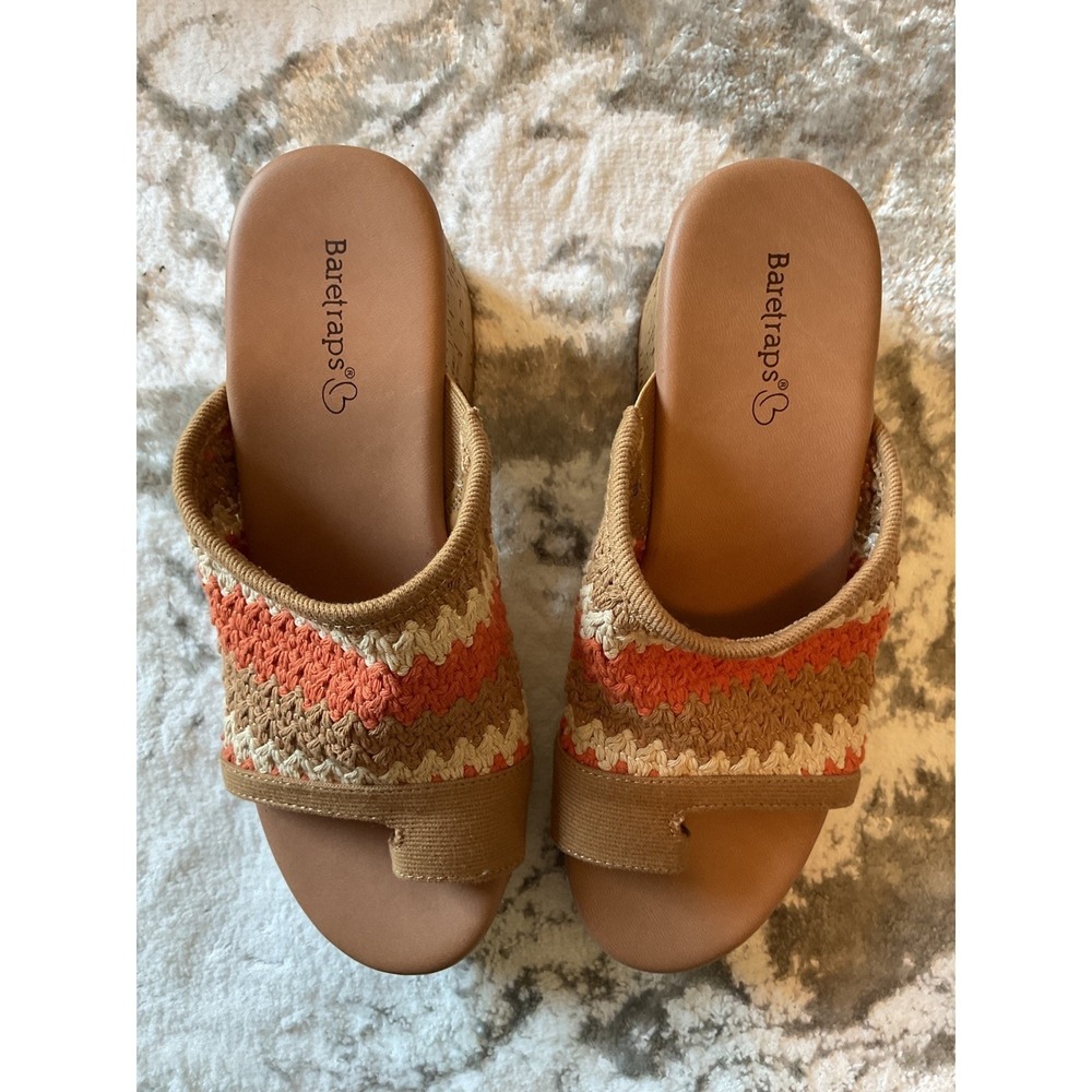 Baretraps Crochet Wedge Sandals Coral White Stripe Platform Thongs Toe Size 6M
